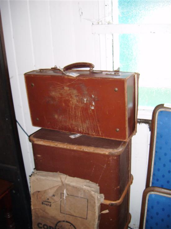 Victor canvas wood-banded cabin trunk, a leather suitcase and a Corinthian bagatelle board